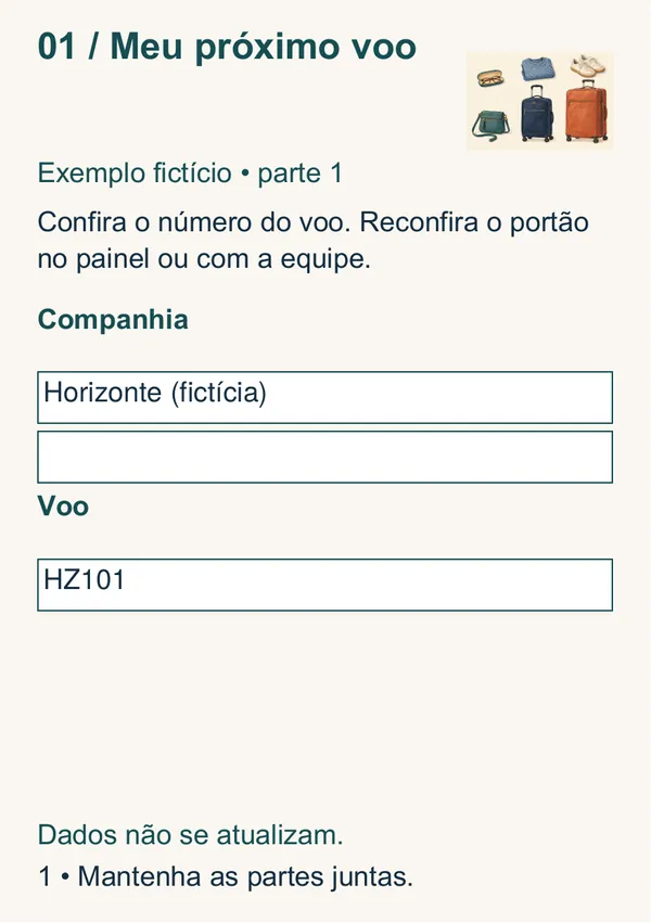 Card Meu próximo voo, com exemplo fictício de preenchimento