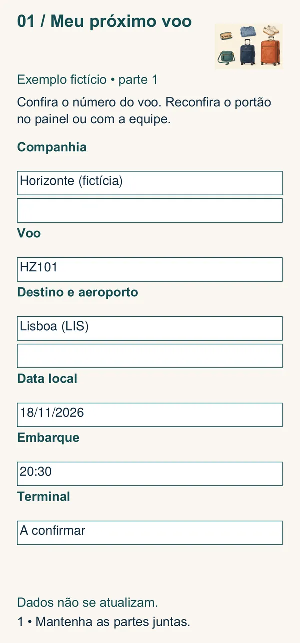 Card Meu próximo voo na versão para celular, com exemplo fictício