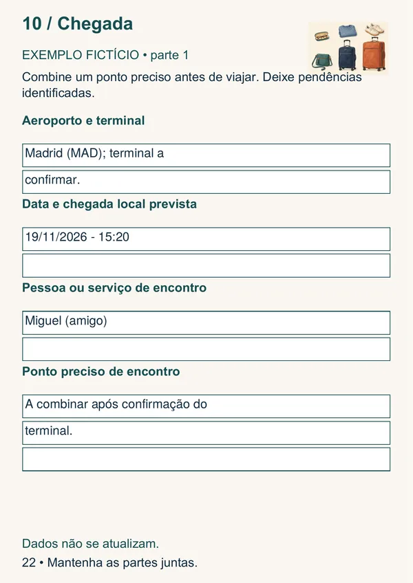 Modelo Chegada do Organizador, com exemplo fictício de preenchimento