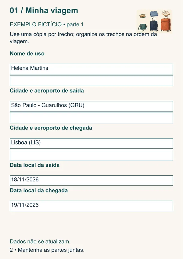 Modelo Minha viagem do Organizador, com exemplo fictício de preenchimento