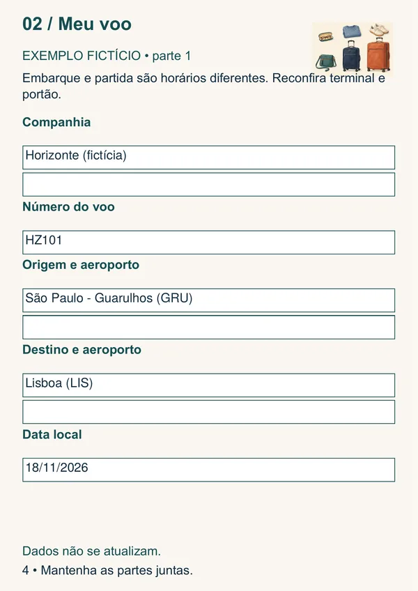 Modelo Meu voo do Organizador, com exemplo fictício de preenchimento